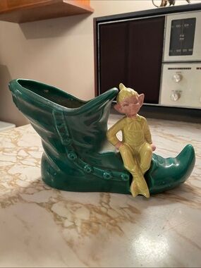 Green Ceramic Elf Boot Planter with Sitting Elf Pixie Made in Japan